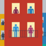 immagine di un disegno con tre palazzi colorati giallo rosso e blu con delle finestre con omini stilizzati affacciati